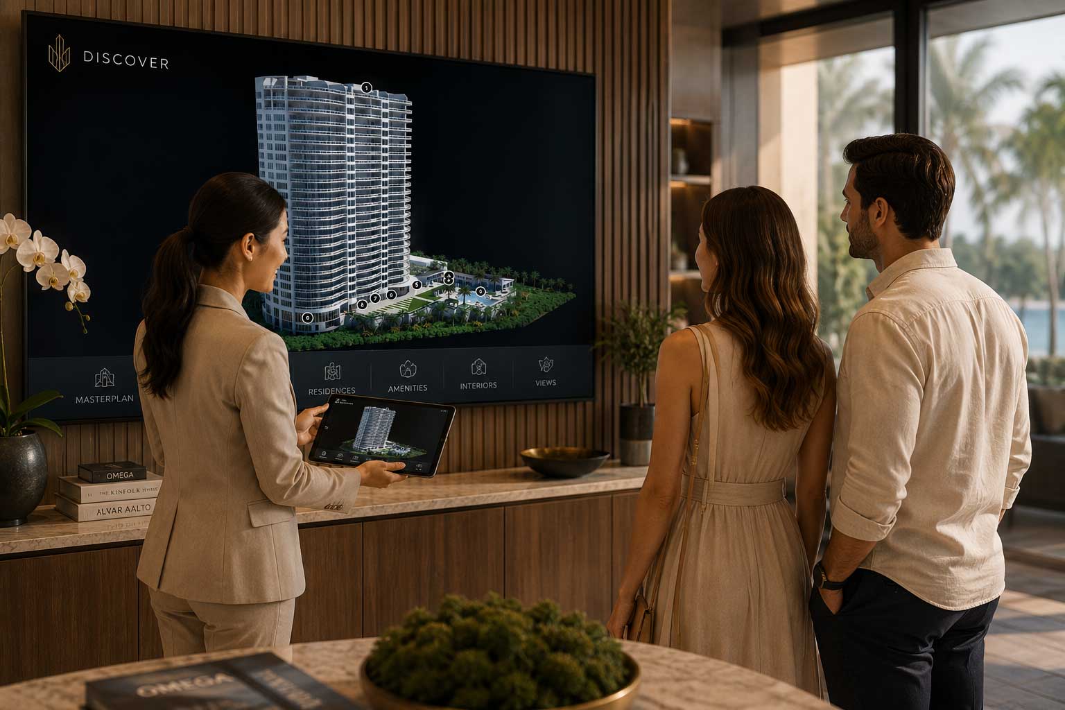 Sales consultant presenting Discover from an iPad to a large screen
