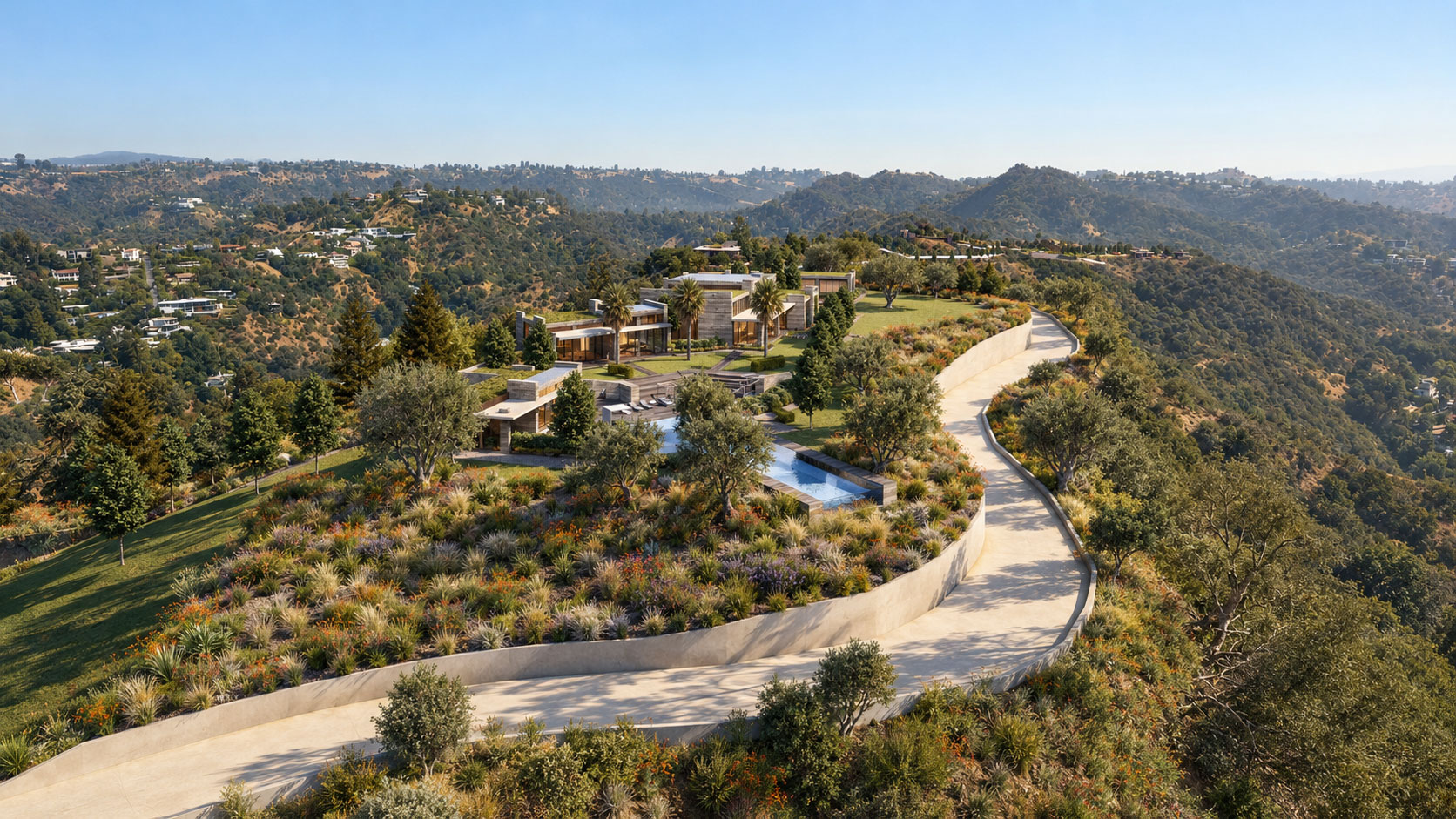 Enchanted Hill — Benedict Canyon, Beverly Hills: Estate architecture, pools and landscape — concept design and visualisation by Archiform 3D