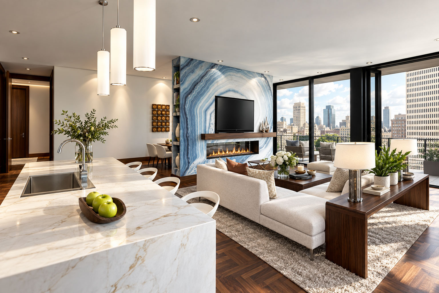 Canal Blvd: Penthouse living and kitchen — interior design by Archiform 3D