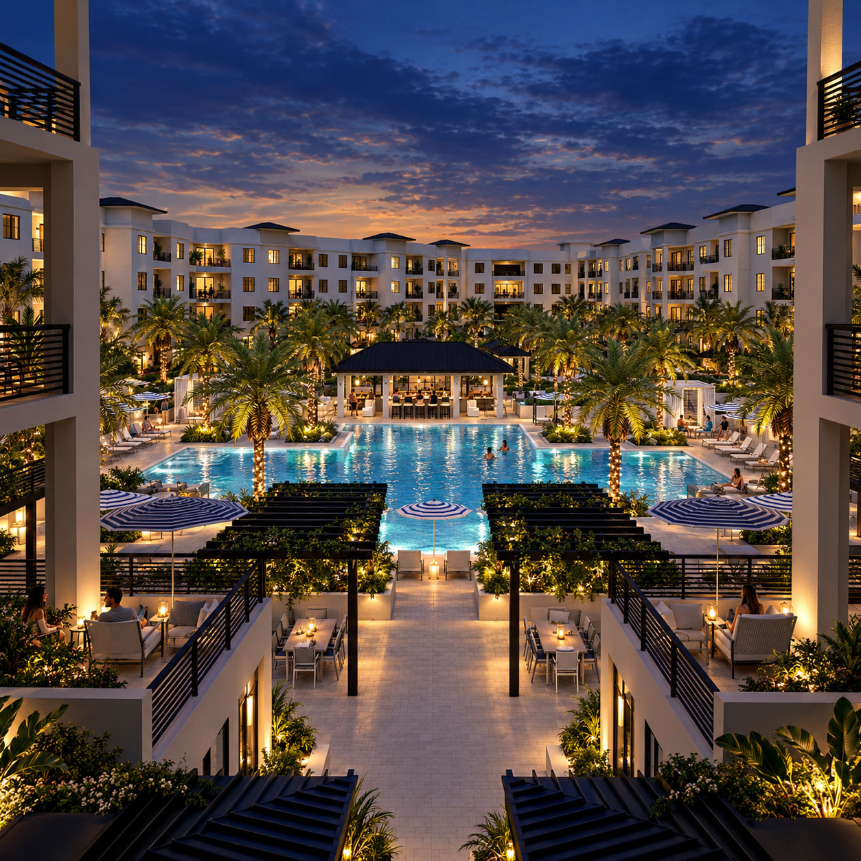Central Ave: Shared courtyard and pool at night