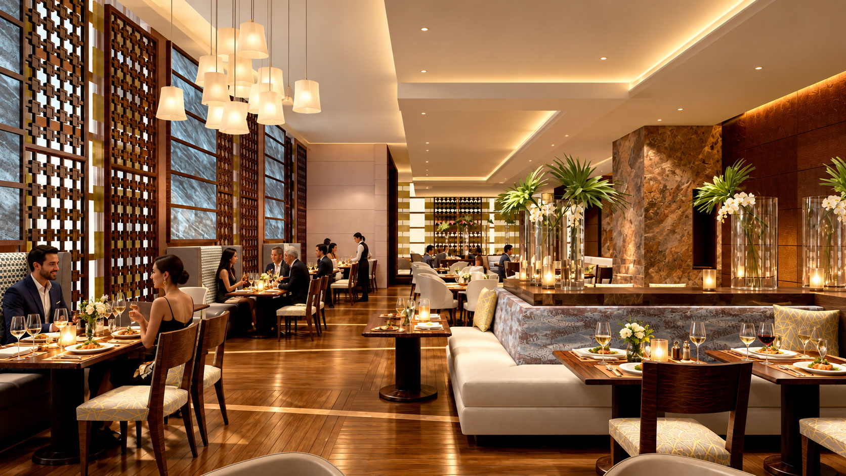 Four Seasons Hotel, Kuwait: Restaurant bid concept with layered lighting and decorative screens